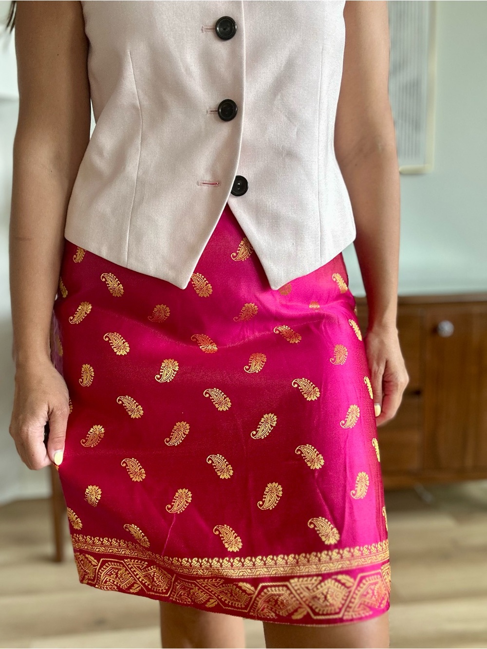 David Warren New York Vintage Pink Gold Paisley Pencil Skirt Size 12